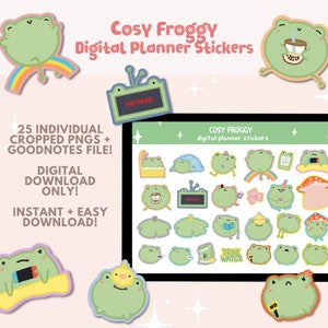 Könnte beinhalten: Ein Set mit 25 digitalen Planer-Stickern mit niedlichen grünen Fröschen in verschiedenen Posen. Die Sticker zeigen einen Frosch, der fernsieht, einen Frosch, der Wasser trinkt, einen Frosch mit einer Partymütze und einen Frosch, der ein Schild mit der Aufschrift "Nein" hält. Die Sticker sind für die Verwendung in digitalen Planern und Notiz-Apps konzipiert.