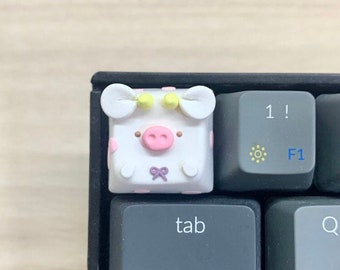 Strawberry Cow Ribbon Keycap for Mech Keyboard | Pink Cow Artisan Keycap | Kawaii Animal Keys Pastel Theme | Cherry MX, Custom Cute Keycaps