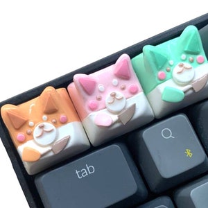 Puede incluir: Tres teclas con caras de perros de dibujos animados. Las teclas son de color rosa, naranja y verde. Las teclas están en un teclado negro con las teclas "tab" y "q" visibles.