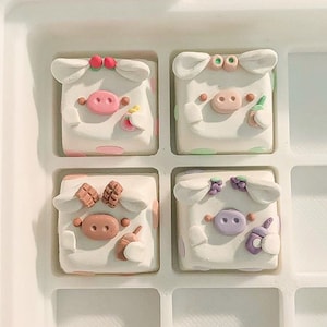 Milk Cow Artisan Keycap Cherry MX | Strawberry Cow, Matcha, Chocolate Milk Carton Cow for Mechanical Keyboards | XDA Profile Cute Keycap Set