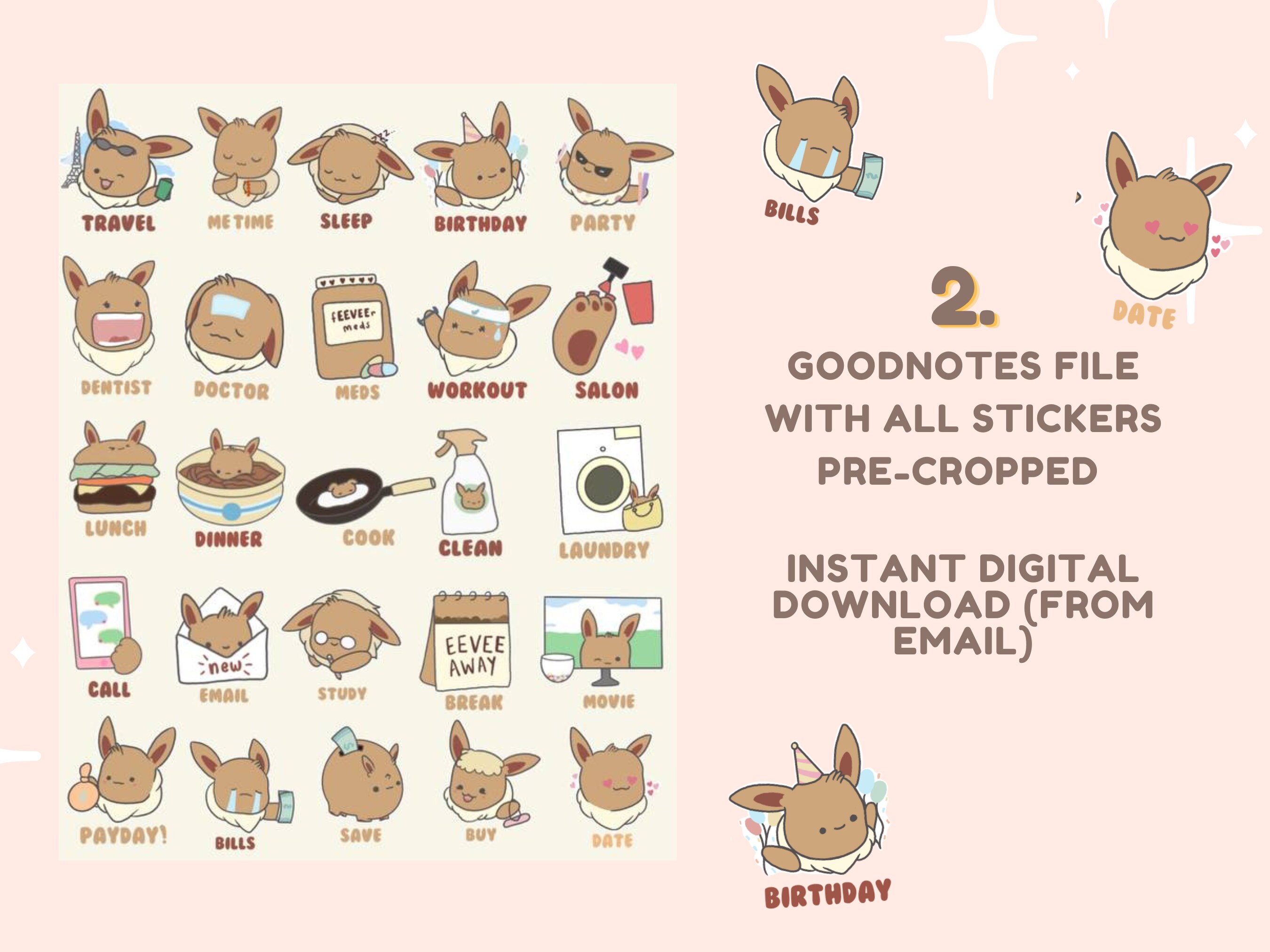 Cute Digital Planner Stickers Eevee Pre-cropped Daily Routine Sticker ...