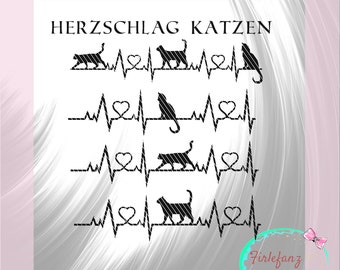 Heartbeat cat, silhouette, Svg, dxf, pdf, jpg, frills de luxe, frills