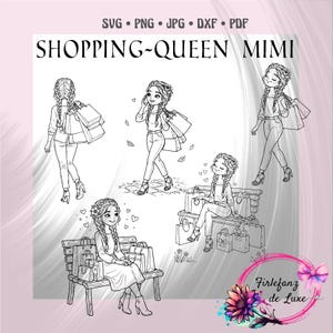 Könnte beinhalten: Schwarz-Weiß-Illustration einer Frau mit Einkaufstaschen, mit dem Text "SHOPPING-QUEEN MIMI". Das Bild enthält die Dateitypen SVG, PNG, JPG, DXF und PDF. Das Bild enthält auch ein Blumen- und Schmetterlingsdesign.