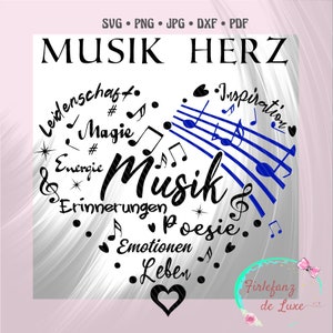 May include: A black and white graphic design featuring the words "Musik Herz" and a heart shape formed from musical notes. The words "Leidenschaft", "Magie", "Energie", "Erinnerungen", "Poesie", "Emotionen", and "Leben" are arranged around the heart shape. The words "Inspiration" and "Firlefanz de Luxe" are also included in the design.