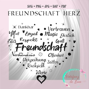 Puede incluir: Diseño gráfico en blanco y negro con las palabras "Freundschaft Herz" y una forma de corazón compuesta por palabras como "Loyal", "Vertrauen", "Respekt", "Ehrlich", "Spaß", "Verständnis", "Offenheit", "Verzeihung", "Zeitlos", "Rücksicht", "Werte".
