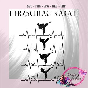 Op de afbeelding: Zwarte silhouet van een karatebeoefenaar die trapt in een hartslagontwerp. De tekst "HERZSCHLAG KARATE" staat bovenaan de afbeelding.