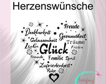 May include: Black and white graphic design with the words "Herzenswünsche" and a heart shape made up of words like "Glück", "Freude", "Liebe", "Familie", and "Zufriedenheit".