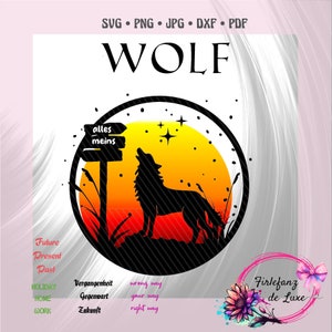 Puede incluir: Una silueta negra de un lobo aullando a la luna. La luna es un degradado de naranja, amarillo y rojo. El lobo está de pie en una colina cubierta de hierba con un cartel que dice "alles meins" en alemán. El fondo es un degradado blanco.