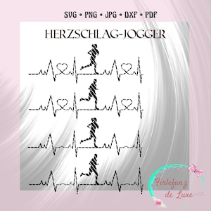 Könnte beinhalten: Vier schwarze Silhouetten einer laufenden Person mit einer Herzschlaglinie und einem Herzsymbol. Der Text "HERZSCHLAG-JOGGER" befindet sich oben im Bild. Der Text "Firlefanz de Luxe" befindet sich unten im Bild.