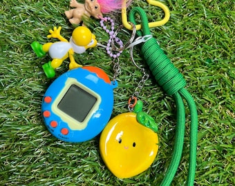 Retro Kawaii Keychain, Lemon Worry Stone Charm, Tamagotchi Troll Yoshi Bag Charm, Y2K Nostalgia Gift, Cute Handmade Keyring