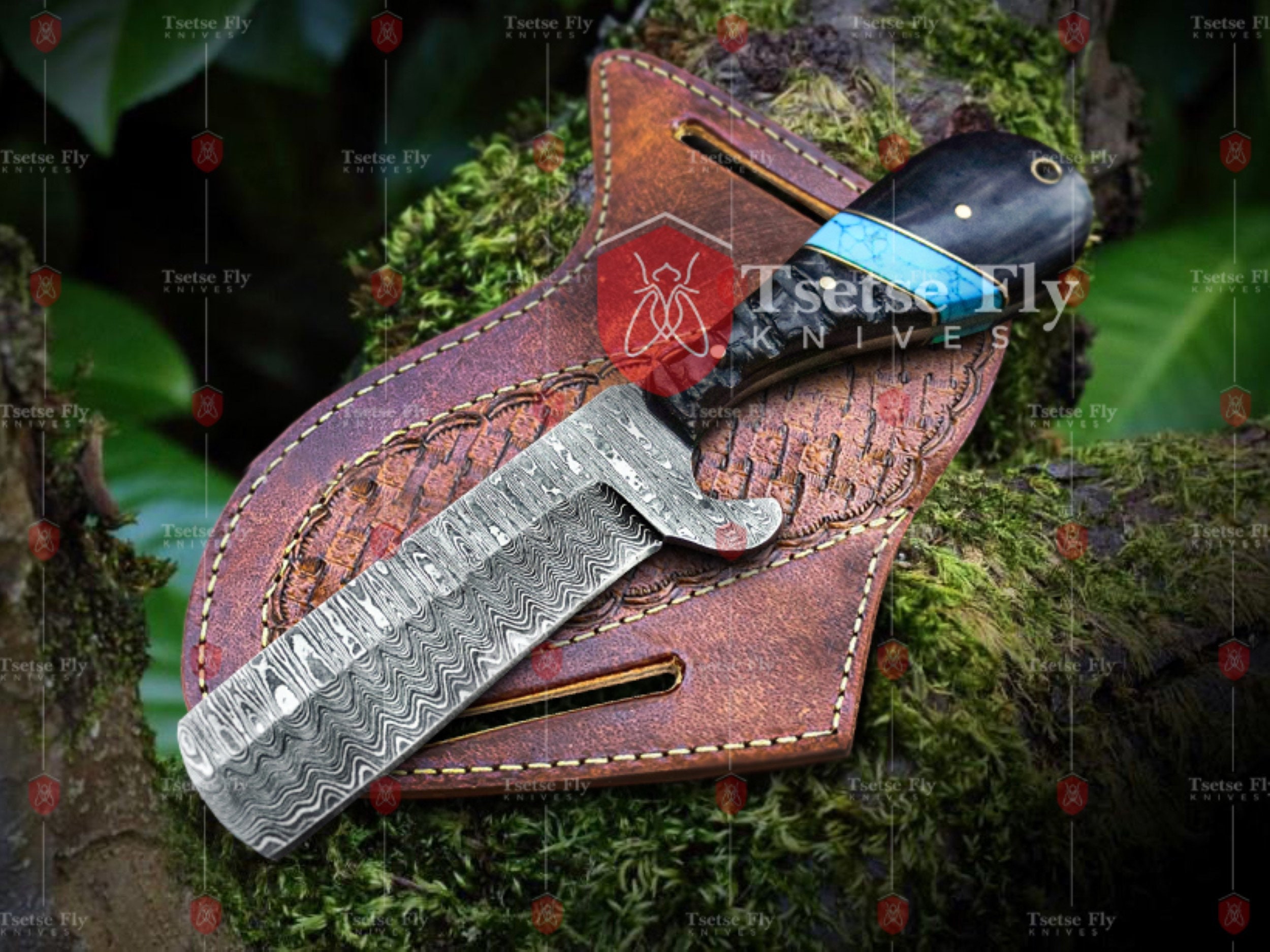 4.5″ Damascus Knife with Scrimshaw Buffalo Bone Handle and Nice Filework
