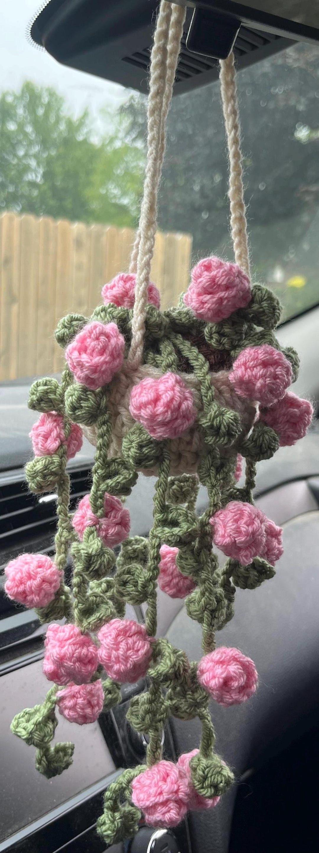 Crocheted Hanging String of Roses in Planter – Pink & Green Car Mirror ...
