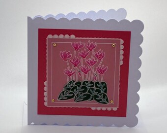 Handmade Greetings card, parchment, Groovi, nature, cyclamen, flower, pink