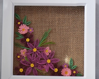 Hand quilled paper wall art, flowers, nature, white box frame