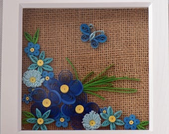 Hand Quilled paper wall art, home decor, gift, blue colour, hessian, white wooden box frame, glass front