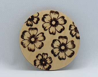 Pyrographed wooden coaster, birch plywood,  flowers, pyrography, burning, round, nature, Christmas