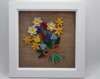 Hand quilled paper wall art, white box frame, flowers, Spring, hessian backing, designed and handmade, interior decor, gift, Christmas.