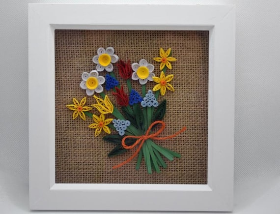 Hand quilled paper wall art, white box frame, flowers, Spring, hessian backing, designed and handmade, interior decor, gift, Christmas.