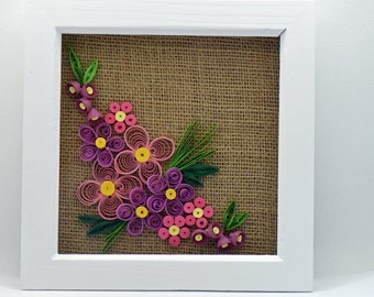 Hand quilled paper wall art, white box frame, flowers, pink, hessian backing, designed and handmade, interior decor, gift, housewarming,