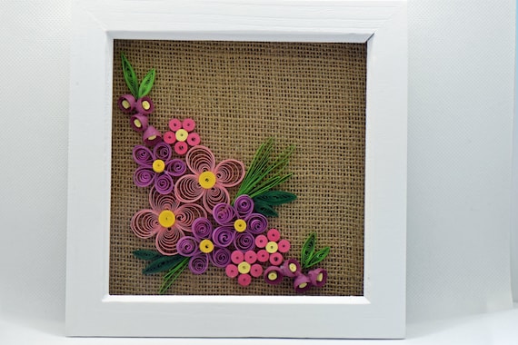 Hand quilled paper wall art, white box frame, flowers, pink, hessian backing, designed and handmade, interior decor, gift, housewarming,