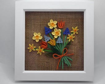 Hand quilled paper wall art, white wooden box frame, Spring flowers, designed and hand made, interior decor, gift, art, spring season.