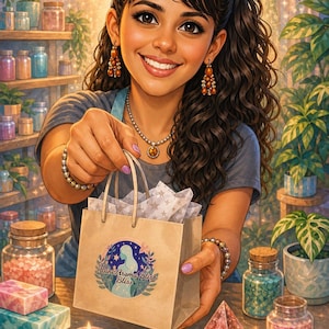 May include: An illustration of a person holding a shopping bag with the text "Plant Aroma Bliss". The bag is filled with star-patterned tissue paper. The scene includes candles, jars, and decorative items, with a background of plants and shelves.