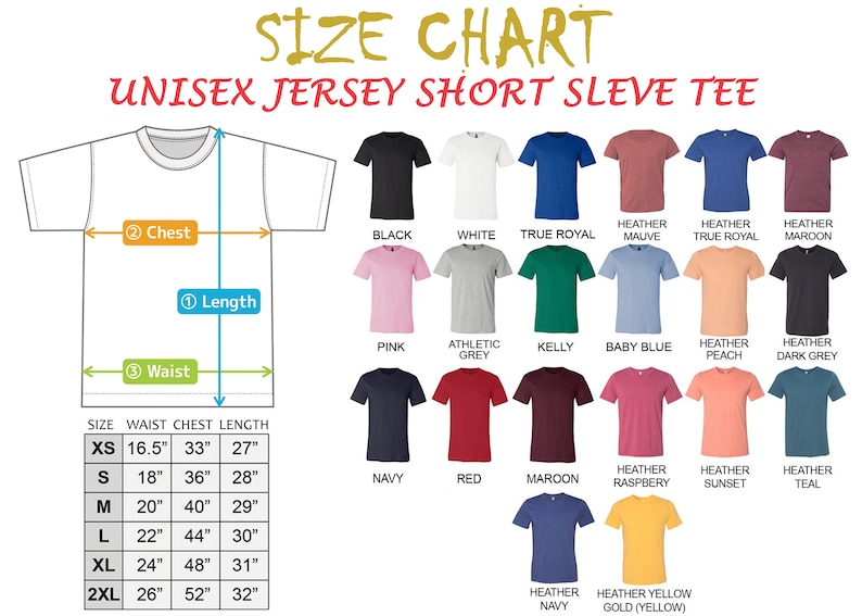 Op de afbeelding: Maattabel voor unisex jersey t-shirts met korte mouwen. De tabel toont de maten voor taille, borst en lengte in inches voor de maten XS, S, M, L, XL en 2XL. De tabel toont ook een verscheidenheid aan kleuren voor de t-shirts, waaronder zwart, wit, true royal, heather mauve, heather true royal, heather maroon, roze, athletic grey, kelly, baby blue, heather peach, heather dark grey, navy, rood, maroon, heather raspberry, heather sunset, heather teal, heather navy en heather yellow gold.