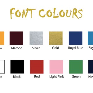 Op de afbeelding: Een grafiek met 12 verschillende kleuren met hun namen onder elke kleurstaal. De kleuren zijn: geel, donkerrood, zilver, goud, koninklijkblauw, hemelsblauw, wit, zwart, rood, lichtroze, groen en donkerblauw.