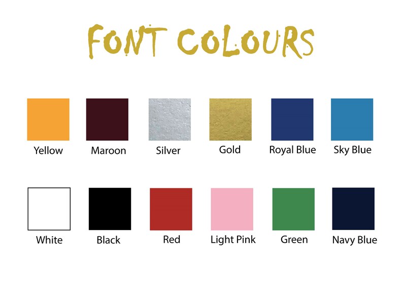 Op de afbeelding: Een grafiek met 12 verschillende kleuren met hun namen onder elke kleurstaal. De kleuren zijn: geel, donkerrood, zilver, goud, koninklijkblauw, hemelsblauw, wit, zwart, rood, lichtroze, groen en donkerblauw.