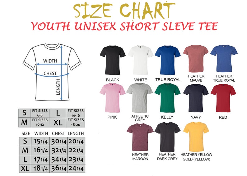 Op de afbeelding: Maattabel voor unisex korte mouwen t-shirts voor kinderen. De tabel toont de breedte, borst en lengte in inches voor de maten S, M, L en XL. De tabel toont ook de overeenkomstige leeftijdsgroep voor elke maat. De tabel bevat een verscheidenheid aan kleuren, waaronder zwart, wit, true royal, heather mauve, heather true royal, roze, athletic grey, kelly, navy, rood, heather maroon, heather dark grey en heather yellow gold.