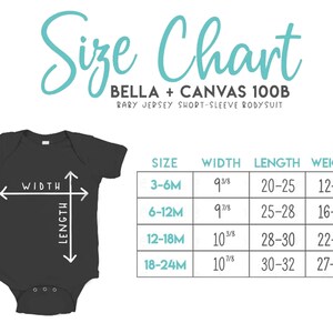 Op de afbeelding: Maattabel voor Bella + Canvas 100B baby jersey short-sleeve bodysuit. De tabel toont maten 3-6M, 6-12M, 12-18M en 18-24M met bijbehorende breedte-, lengte- en gewichtsmetingen in inches en ponden.