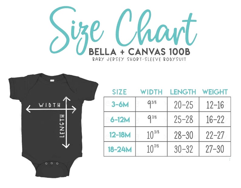 Op de afbeelding: Maattabel voor Bella + Canvas 100B baby jersey short-sleeve bodysuit. De tabel toont maten 3-6M, 6-12M, 12-18M en 18-24M met bijbehorende breedte-, lengte- en gewichtsmetingen in inches en ponden.