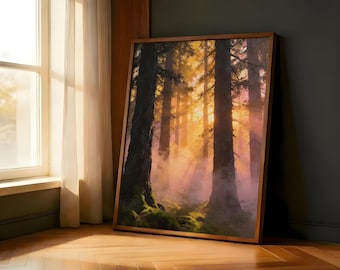 Golden Sunbeam Pine Forest Dawn Artwork | Warm Misty Woodland Glow Moss Nature Wall Decor