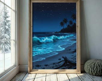 Moonlit Beach Wall Art – Ocean Wave Night Seascape Poster – Coastal Decor