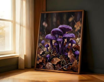 Purple Mushroom Print | Cottagecore Wall Art | Witchcore Forest Poster | Framed or Unframed