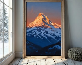 Berg Sonnenuntergang Kunst Wand Kunst, Schweres Glanz Papier Natur Landschaft Gemälde