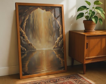 Cave Light Art Print, Mystical Cavern Poster, Golden Underground Lake, Fantasy Wall Art