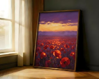 Poppy Field Sunset Print | Red Flower Landscape Wall Art (UK Dispatch)