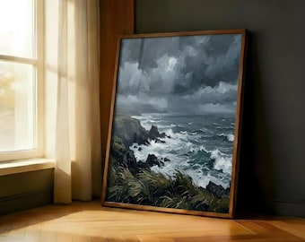 Stormy Coastal Cliff Crashing Waves Art Print | Dark Moody Ocean Rocky Shore Wall Decor