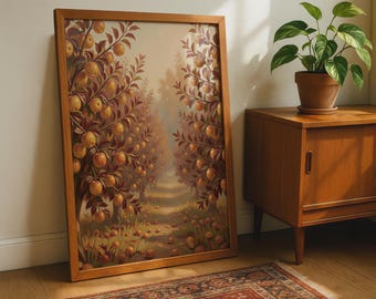 Art mural verger d'automne, impression allée de pommiers, décoration paysage naturel, poster tons chauds