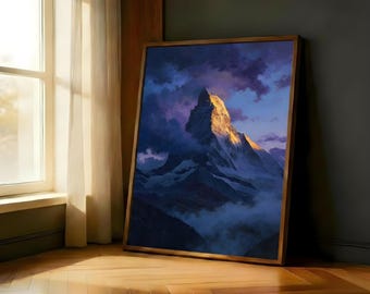 Mountain Wall Art Print | Matterhorn Poster | Moody Blue Alpine Landscape | Framed / Unframed