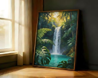 Tropical Jungle Waterfall Poster | Lush Green Monstera Rainforest Home Decor | Serene Lagoon Poster