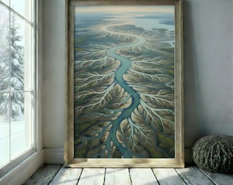 Aerial River Delta Print, Teal Abstract Landscape Wall Art, Coastal Organic Decor