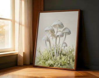 Delicate White Mushroom Moss Art Print | Soft Botanical Fungi Neutral Cottagecore Wall Decor Gift