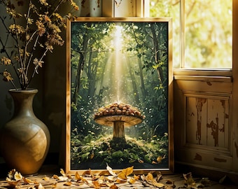 Magical Forest Mushroom Print | Enchanted Woodland Wall Art | Cottagecore Nature Poster | Framed or Unframed