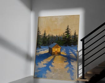 Winter Cabin Painting | Snowy Forest Landscape Art Print