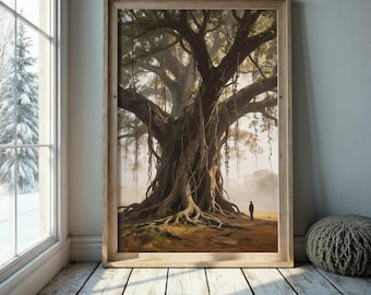 Giant Banyan Tree Misty Forest Art Print | Lone Figure Twisted Roots Wanderer Wall Decor