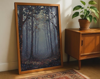 Fireflies in Misty Forest Art Print, Enchanted Woodland Poster, Blue Night Nature Wall Art