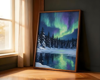 Aurora Borealis Winter Forest Painting | Night Sky Northern Lights Snowy Lake Reflection Wall Decor