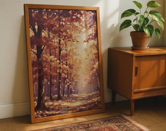 Autumn Forest Path Print, Fall Leaves Wall Art, Golden Orange Nature Poster, Woodland Decor